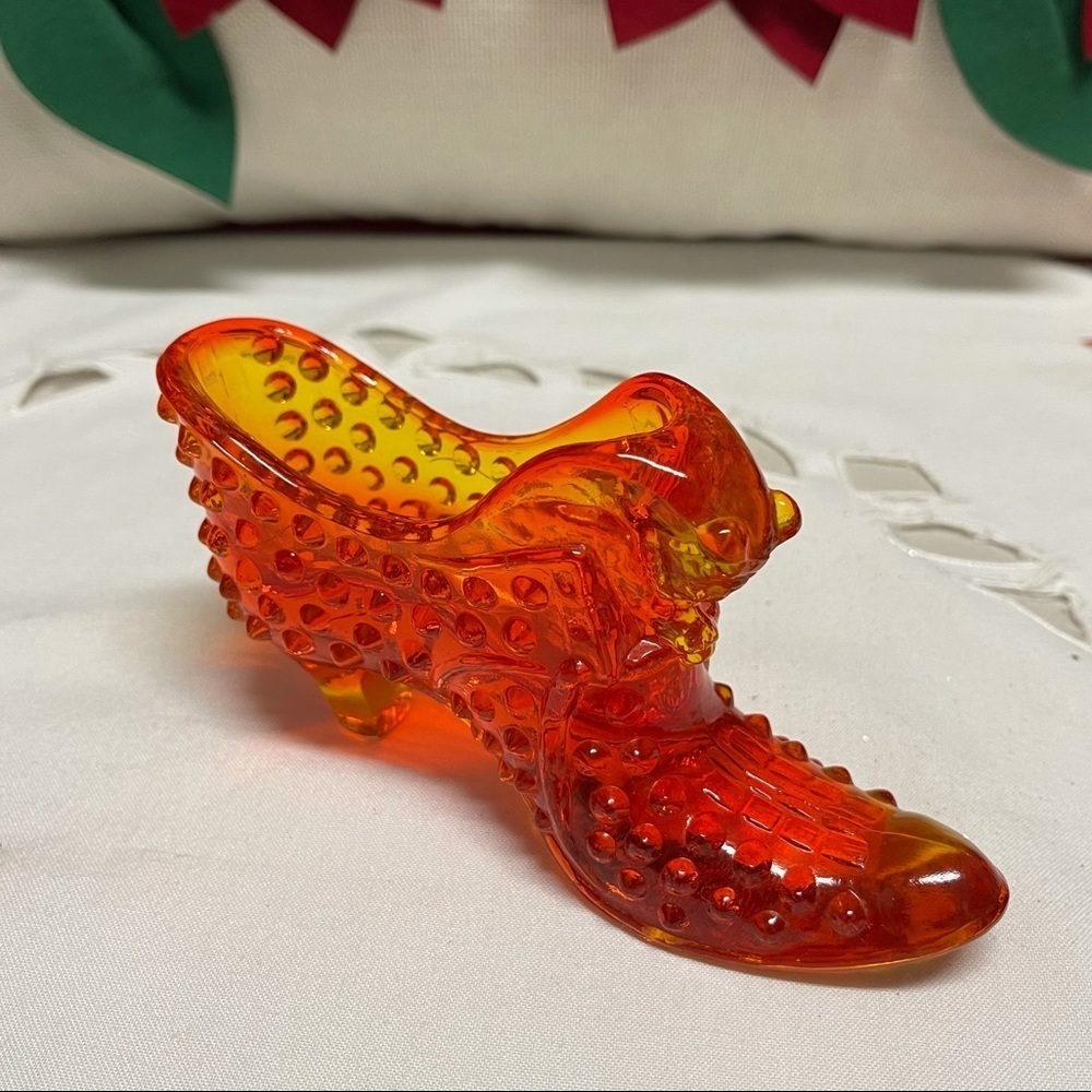 Vintage Fenton Persimmon Orange Hobnail 6" Long Cat Head Slipper Shoe